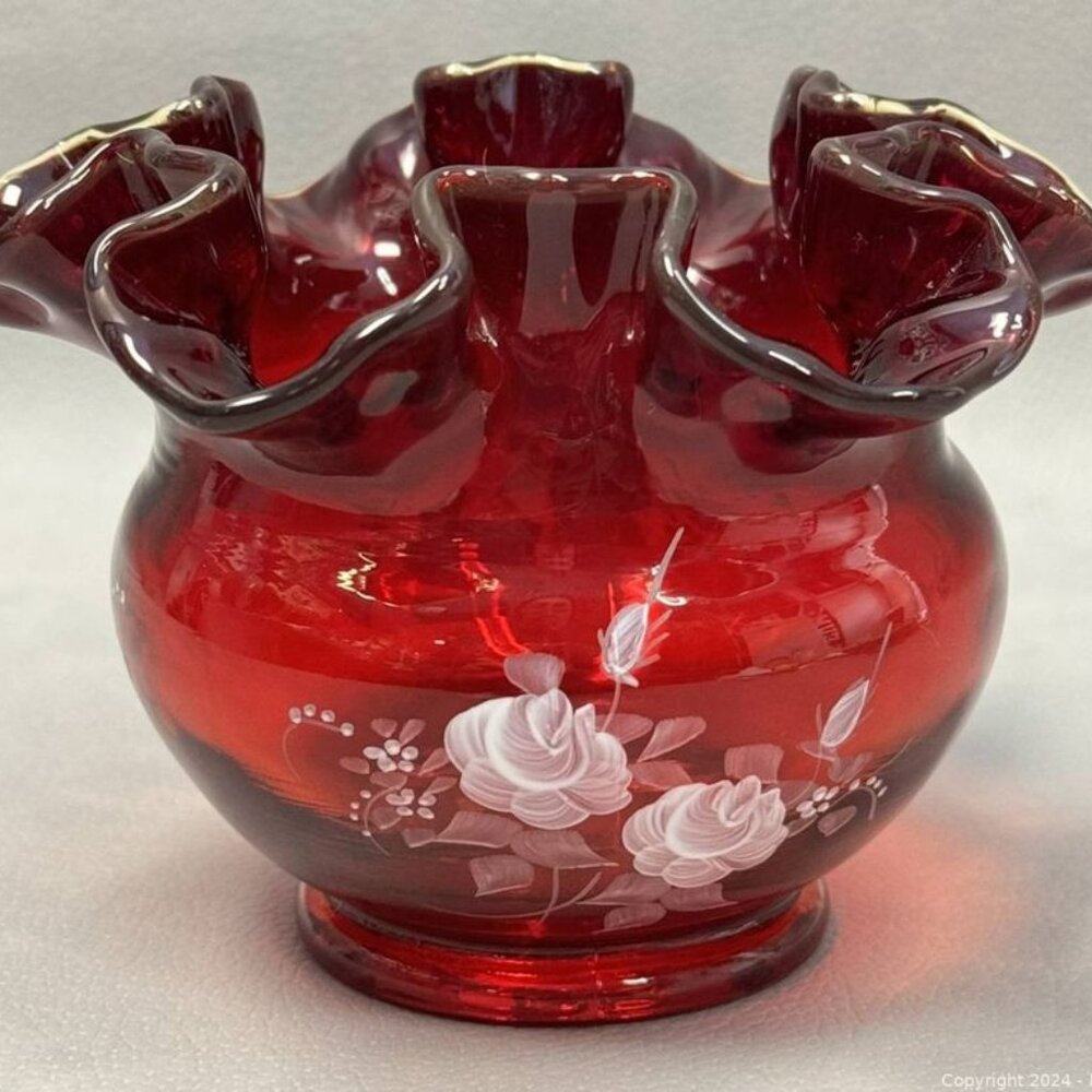 Vintage FENTON Scalloped Ruby Red Glass Bowl Hand Painted By Deby L., Fenton Log